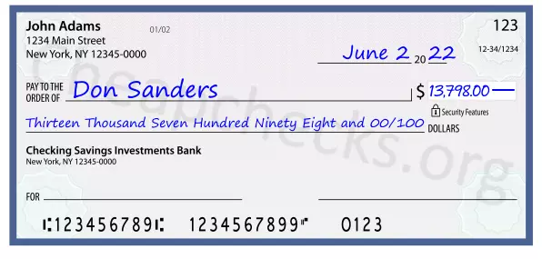 Thirteen Thousand Seven Hundred Ninety Eight and 00/100 filled out on a check