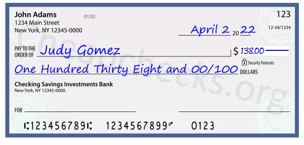 One Hundred Thirty Eight and 00/100 filled out on a check