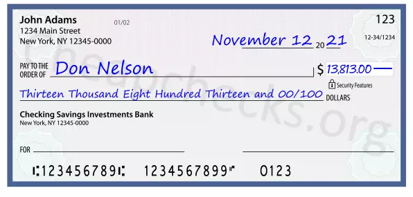 Thirteen Thousand Eight Hundred Thirteen and 00/100 filled out on a check