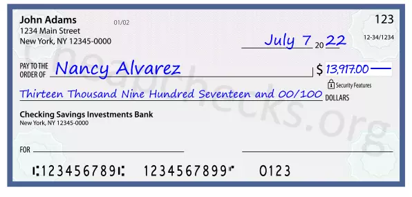 Thirteen Thousand Nine Hundred Seventeen and 00/100 filled out on a check