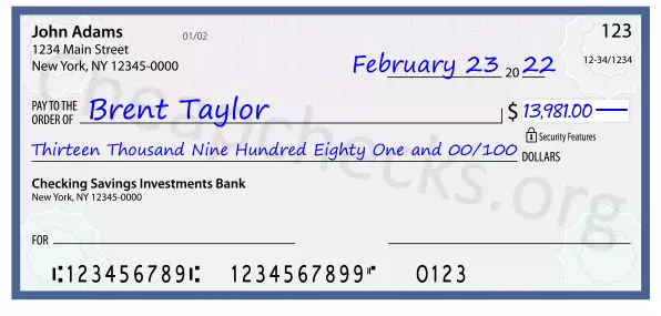 Thirteen Thousand Nine Hundred Eighty One and 00/100 filled out on a check