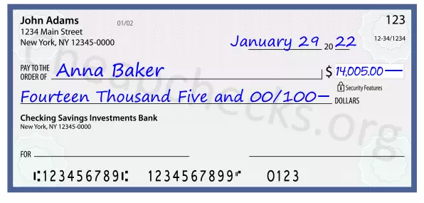 Fourteen Thousand Five and 00/100 filled out on a check