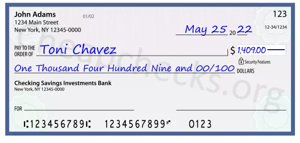 One Thousand Four Hundred Nine and 00/100 filled out on a check