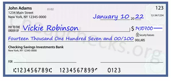 Fourteen Thousand One Hundred Seven and 00/100 filled out on a check