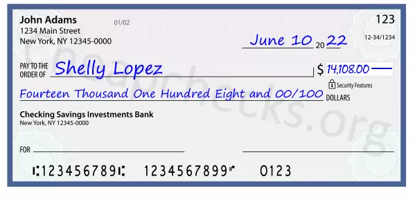 Fourteen Thousand One Hundred Eight and 00/100 filled out on a check