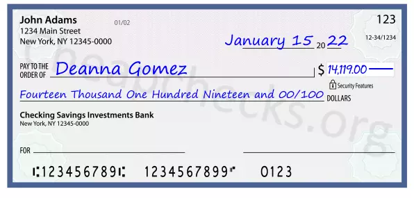 Fourteen Thousand One Hundred Nineteen and 00/100 filled out on a check