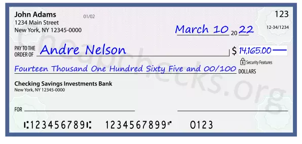 Fourteen Thousand One Hundred Sixty Five and 00/100 filled out on a check