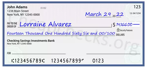 Fourteen Thousand One Hundred Sixty Six and 00/100 filled out on a check