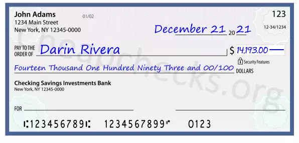 Fourteen Thousand One Hundred Ninety Three and 00/100 filled out on a check