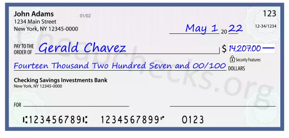 Fourteen Thousand Two Hundred Seven and 00/100 filled out on a check