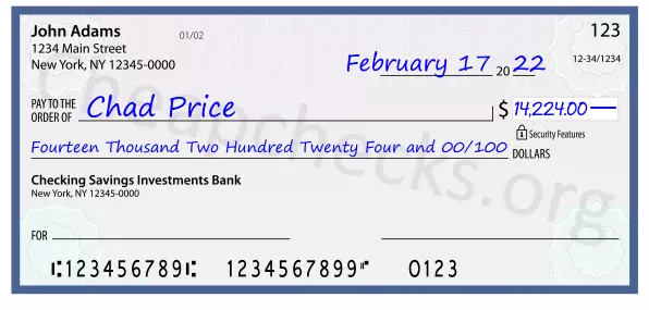 Fourteen Thousand Two Hundred Twenty Four and 00/100 filled out on a check