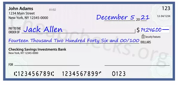 Fourteen Thousand Two Hundred Forty Six and 00/100 filled out on a check