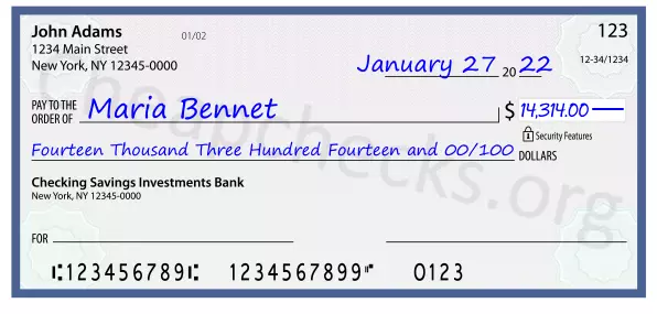 Fourteen Thousand Three Hundred Fourteen and 00/100 filled out on a check