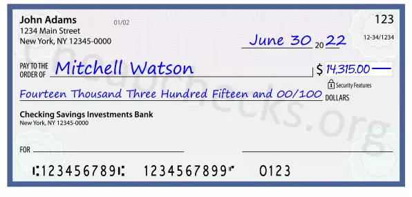 Fourteen Thousand Three Hundred Fifteen and 00/100 filled out on a check