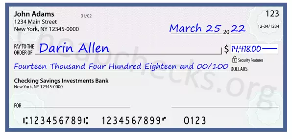 Fourteen Thousand Four Hundred Eighteen and 00/100 filled out on a check