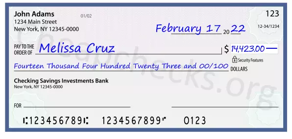 Fourteen Thousand Four Hundred Twenty Three and 00/100 filled out on a check