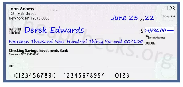 Fourteen Thousand Four Hundred Thirty Six and 00/100 filled out on a check