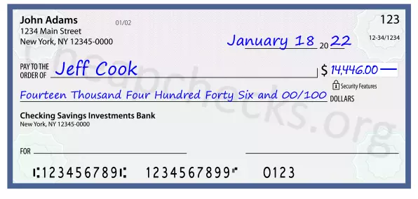 Fourteen Thousand Four Hundred Forty Six and 00/100 filled out on a check