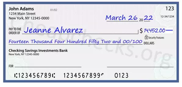 Fourteen Thousand Four Hundred Fifty Two and 00/100 filled out on a check