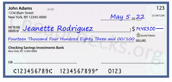 Fourteen Thousand Four Hundred Eighty Three and 00/100 filled out on a check