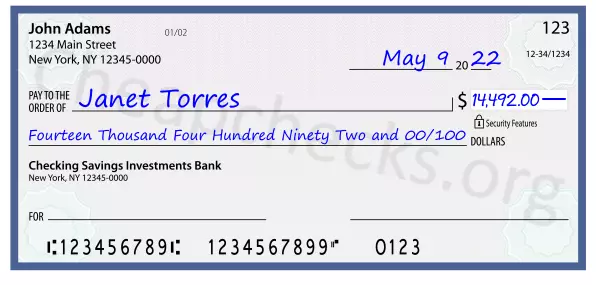 Fourteen Thousand Four Hundred Ninety Two and 00/100 filled out on a check