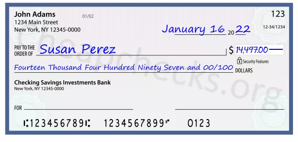 Fourteen Thousand Four Hundred Ninety Seven and 00/100 filled out on a check