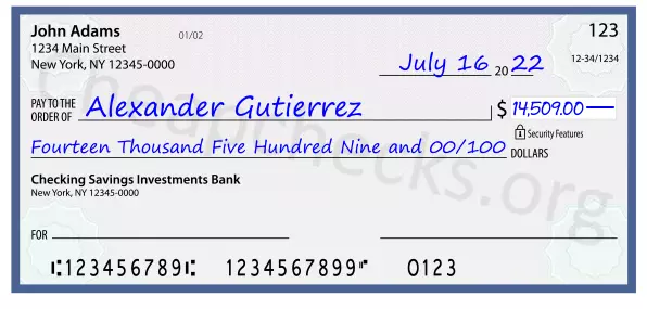 Fourteen Thousand Five Hundred Nine and 00/100 filled out on a check