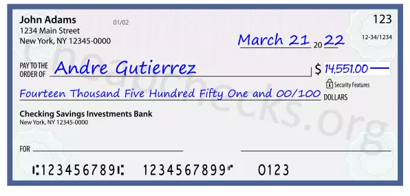 Fourteen Thousand Five Hundred Fifty One and 00/100 filled out on a check