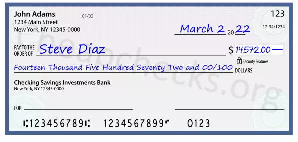 Fourteen Thousand Five Hundred Seventy Two and 00/100 filled out on a check