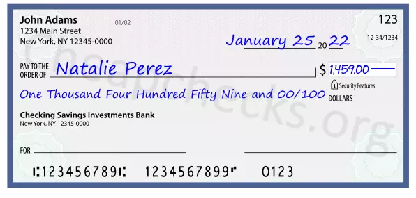 One Thousand Four Hundred Fifty Nine and 00/100 filled out on a check