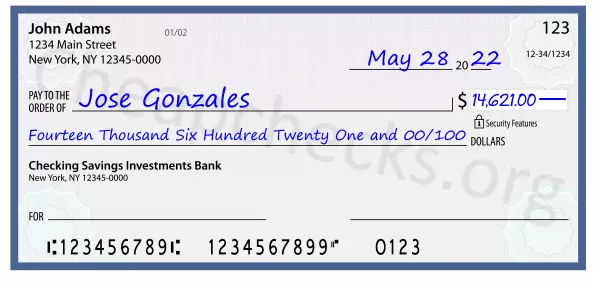 Fourteen Thousand Six Hundred Twenty One and 00/100 filled out on a check