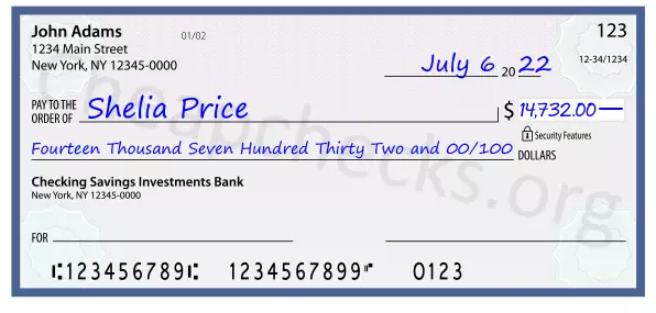 Fourteen Thousand Seven Hundred Thirty Two and 00/100 filled out on a check