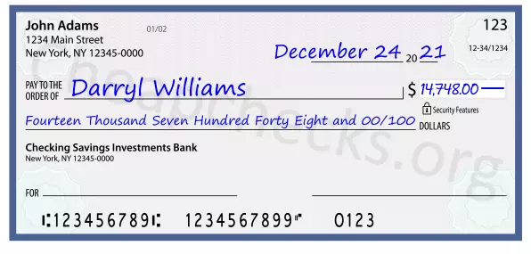 Fourteen Thousand Seven Hundred Forty Eight and 00/100 filled out on a check