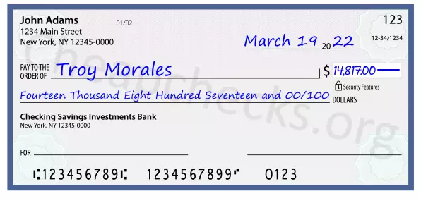 Fourteen Thousand Eight Hundred Seventeen and 00/100 filled out on a check