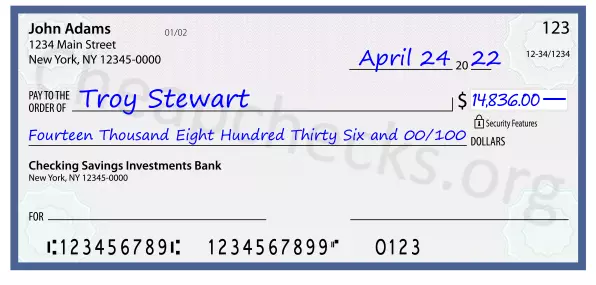 Fourteen Thousand Eight Hundred Thirty Six and 00/100 filled out on a check