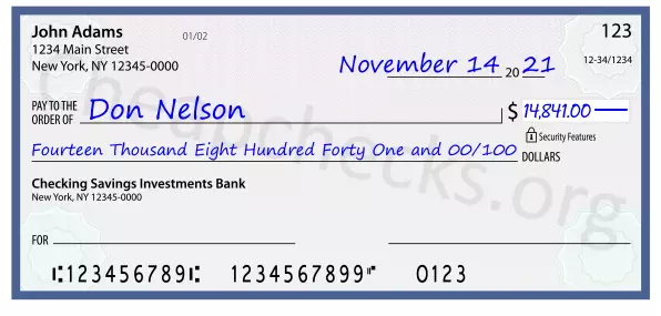 Fourteen Thousand Eight Hundred Forty One and 00/100 filled out on a check