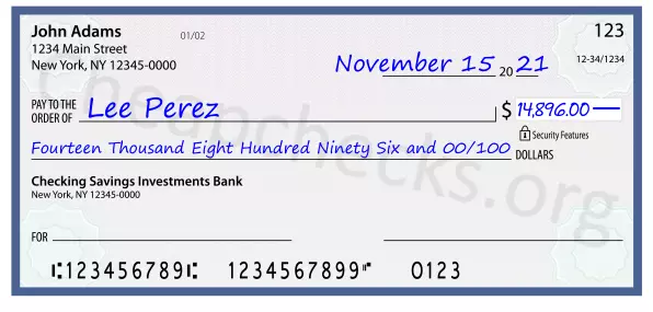 Fourteen Thousand Eight Hundred Ninety Six and 00/100 filled out on a check