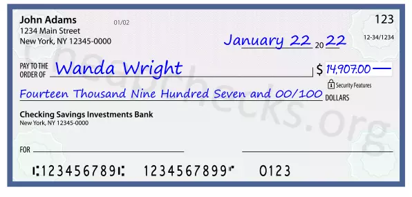 Fourteen Thousand Nine Hundred Seven and 00/100 filled out on a check