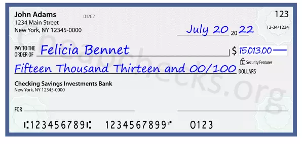 Fifteen Thousand Thirteen and 00/100 filled out on a check