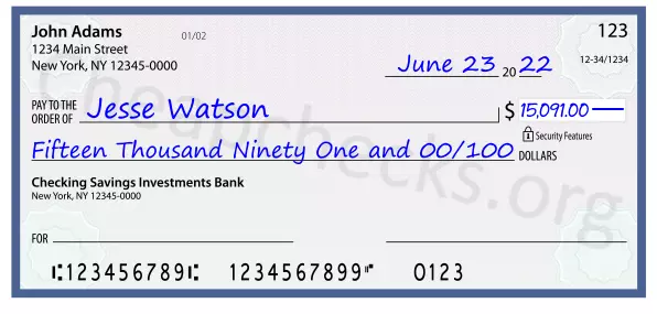 Fifteen Thousand Ninety One and 00/100 filled out on a check