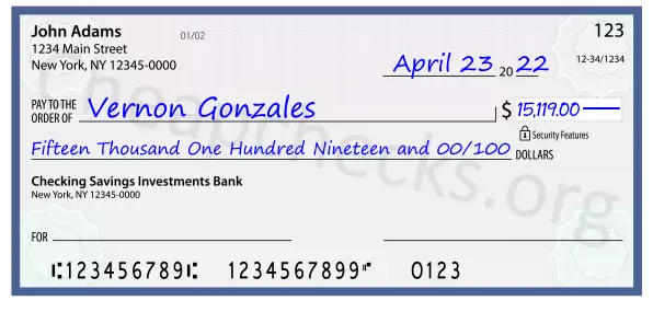 Fifteen Thousand One Hundred Nineteen and 00/100 filled out on a check