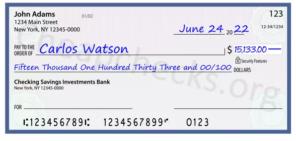 Fifteen Thousand One Hundred Thirty Three and 00/100 filled out on a check