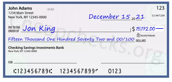 Fifteen Thousand One Hundred Seventy Two and 00/100 filled out on a check