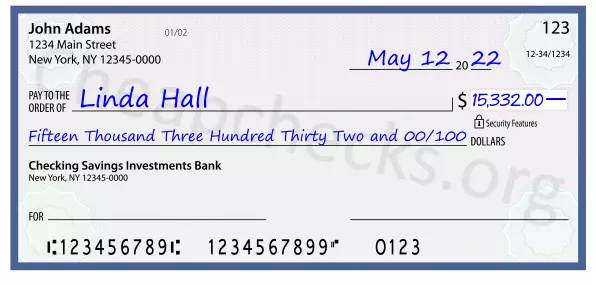 Fifteen Thousand Three Hundred Thirty Two and 00/100 filled out on a check