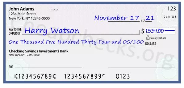 One Thousand Five Hundred Thirty Four and 00/100 filled out on a check