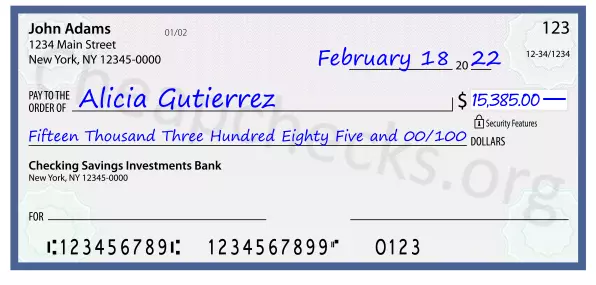 Fifteen Thousand Three Hundred Eighty Five and 00/100 filled out on a check