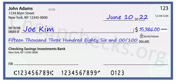 Fifteen Thousand Three Hundred Eighty Six and 00/100 filled out on a check