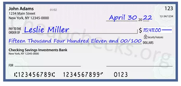 Fifteen Thousand Four Hundred Eleven and 00/100 filled out on a check