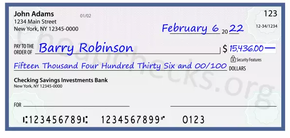 Fifteen Thousand Four Hundred Thirty Six and 00/100 filled out on a check