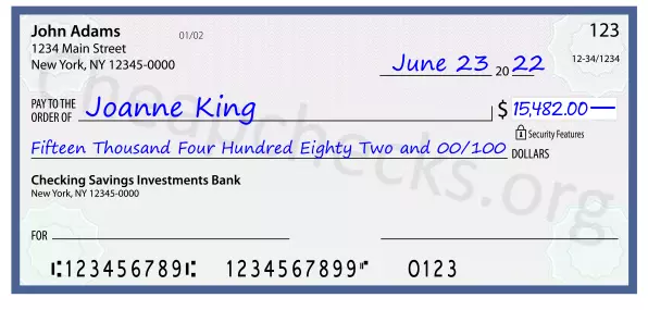 Fifteen Thousand Four Hundred Eighty Two and 00/100 filled out on a check